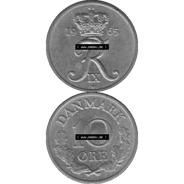Grau bzw. s/w Alte Münze aus Dänemark als PNG-Grafik 1960-1972, 10 Öre 1965-01. Vorderseite und Rückseite vertikal auf einen digitalen Bild der alten dänischen Umlaufmünze... Sammlung Graustufen