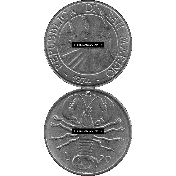 Grau bzw. s/w Bildmaterial Münzensatz / KMS 1974 aus San Marino in Graustufen 1974-1974, 20 Lire, L.20 MINGUZZI MONASSI INC. Graustufen. PNG Computer-Grafik in Graustufen-PNG... Sammlung Graustufen