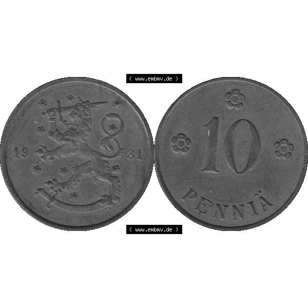 Grau bzw. s/w Alte Münzen KMS Finnland, Kursmünzensatz in PNG Design einer finnischen Münze 1919-1940, 10 Penny, Penniä 1931. Digitales transparentes PNG-Bild / Bildmaterial... Sammlung Graustufen
