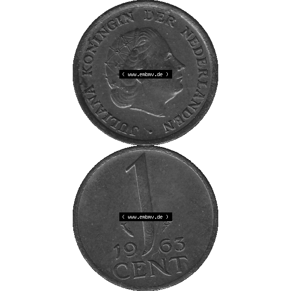 Grau bzw. s/w Alte Münze der Niederlande 1951-1975, in PNG digitalisiert 1950-1980, 1 Cent Königin Juliana 1963-01. Vorderseite und Rückseite vertikal auf einen digitalen Bild der alten... Sammlung Graustufen