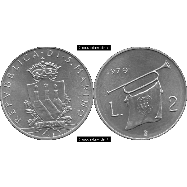 Grau bzw. s/w Bildmaterial Münzensatz / KMS 1979 aus San Marino im PNG-Format 1979-1979, 2 Lire, J. V. LIBERTAS REPVBBLICA DI S. MARINO, 1979 L.2. Vorderseite... Sammlung Graustufen