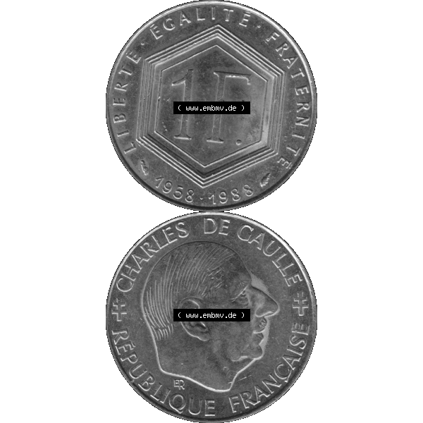 Grau bzw. s/w Münzen Frankreich Umlaufmünze 1988-1988, 1 Francs, Franken 1988-01. Vorderseite und Rückseite vertikal auf einen digitalen Bild der alten französischen Umlaufmünze... Sammlung Graustufen