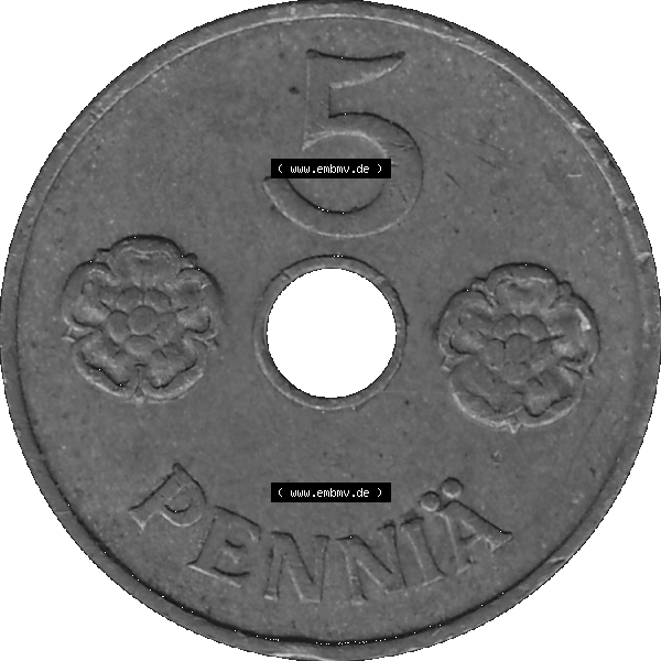 Grau bzw. s/w Alte Münzen KMS Finnland, Kursmünzensatz Finnland in transparenten digitalen PNG-Format 1941-1943, 5 Penny, Penniä, Kupfer 1941-1. Die digitalisierte Münze... Sammlung Graustufen