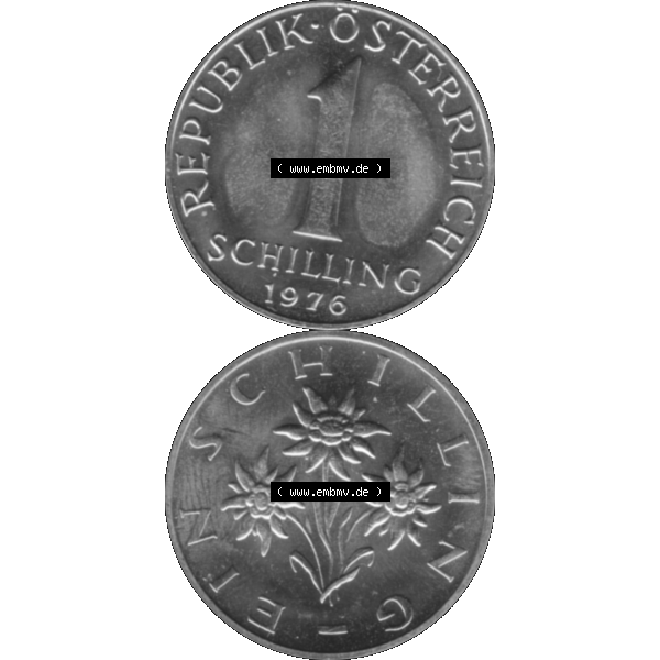 Grau bzw. s/w Alte Münze aus Österreich, in PNG digitalisiert 1959-2001, 1 Schilling 1976-01. Vorderseite und Rückseite vertikal auf einen digitalen Bild der alten österreichischen... Sammlung Graustufen