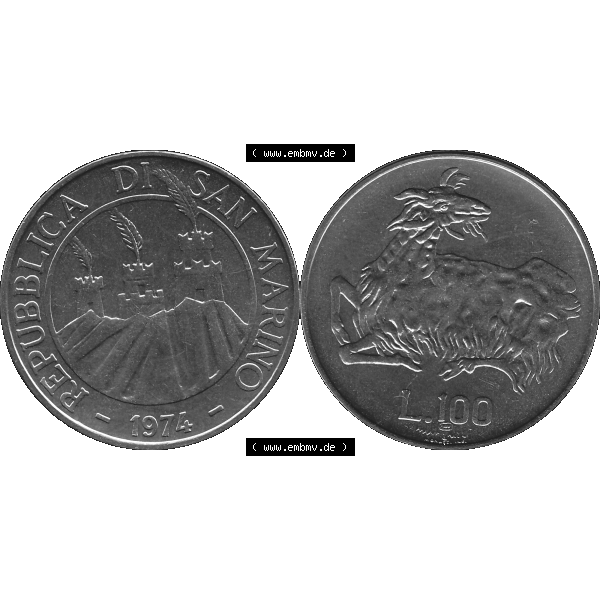 Grau bzw. s/w Bildmaterial Münzensatz / KMS 1974 aus San Marino in Graustufen 1974-1974, 100 Lire, L.100 MINGUZZI MONASSI INC. Graustufen. PNG Computer-Grafik in Graustufen... Sammlung Graustufen