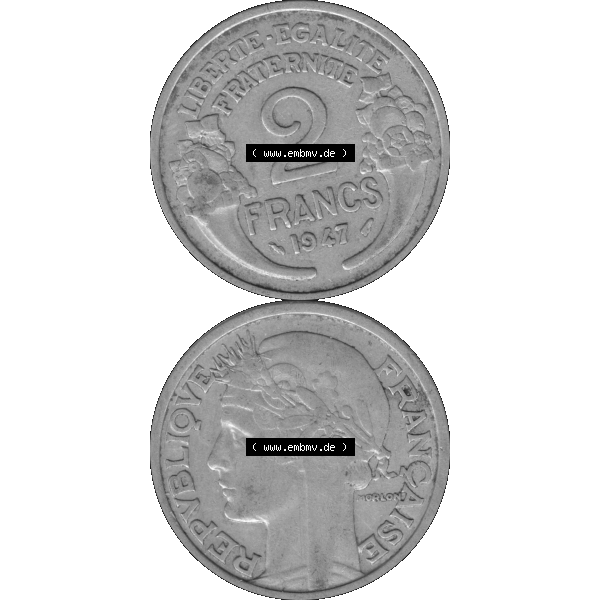Grau bzw. s/w Münzen Frankreich Umlaufmünze in PNG einer Münze aus Frankreich 1941-1959, 2 Francs, Franken 1947-01. Vorderseite und Rückseite vertikal auf einen digitalen Bild... Sammlung Graustufen