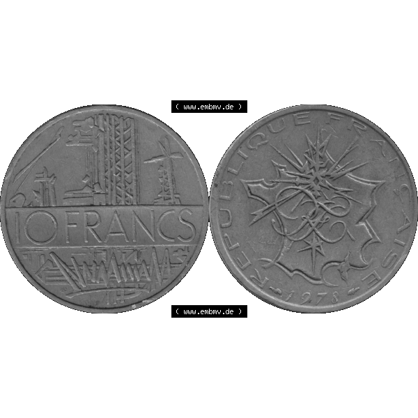 Grau bzw. s/w Münzen Frankreich Umlaufmünze 1974-1987, 10 Franken-Francs 1978-01. Vorderseite und Rückseite horizontal auf einen digitalen Bild der alten französischen Umlaufmünze... Sammlung Graustufen