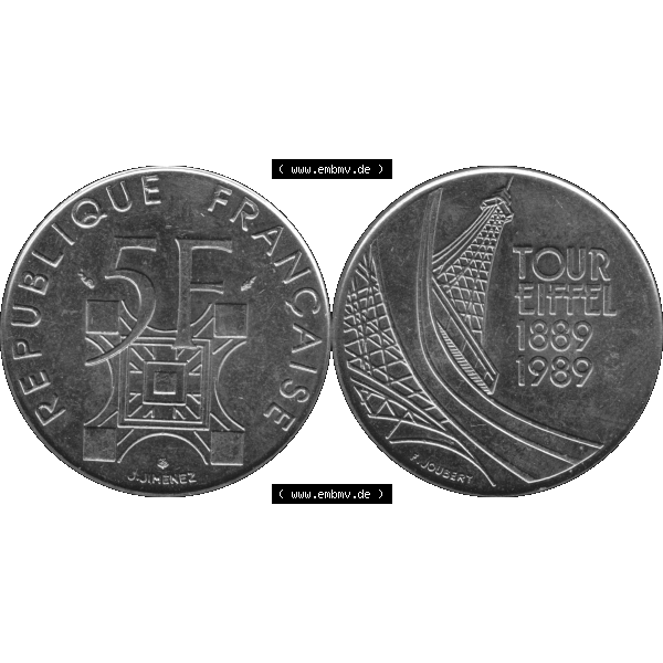 Grau bzw. s/w Münzen Frankreich Umlaufmünze 1989-1989, 5 Francs Franken Eiffelturm 1989-01. Vorderseite und Rückseite horizontal auf einen digitalen Bild der alten französischen Umlaufmünze... Sammlung Graustufen