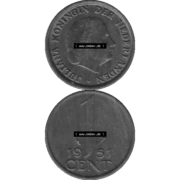 Grau bzw. s/w Alte Münze der Niederlande 1951-1975, in PNG digitalisiert 1950-1980, 1 Cent Königin Juliana 1951-01. Vorderseite und Rückseite vertikal auf einen digitalen Bild der alten... Sammlung Graustufen