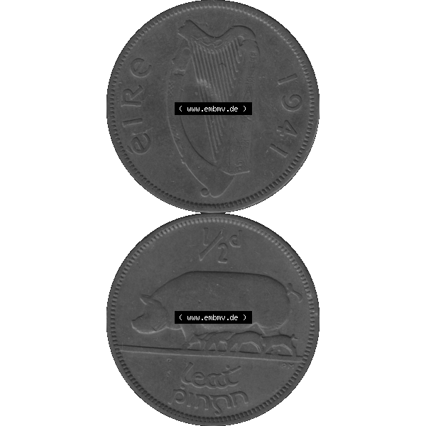 Grau bzw. s/w Bildmaterial einer Münze aus Irland als PNG-Grafik 1939-1967, 0.50 Penny, Half Penny 1941-01. Digitalisierte Münze aus Irland als transparente PNG-Grafik zum herunterladen.... Sammlung Graustufen