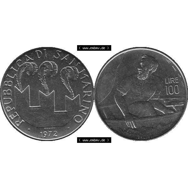 Grau bzw. s/w Bildmaterial in PNG-Grafiken Münzensatz / KMS 1972 aus San Marino 1972-1972, Münze 100 Lire von 1972, 100 LIRE MONASSI REPUBBLICA DI SAN MARINO. Die digitalisierte Münze... Sammlung Graustufen