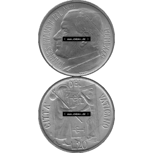 Grau bzw. s/w Alte Münze aus der Vatikanstadt / Vatikan als PNG-Grafik 1981-1981, 20 Lire Papst Johannes Paul II 1981-01. Vorderseite und Rückseite vertikal auf einen digitalen Bild der alten... Sammlung Graustufen