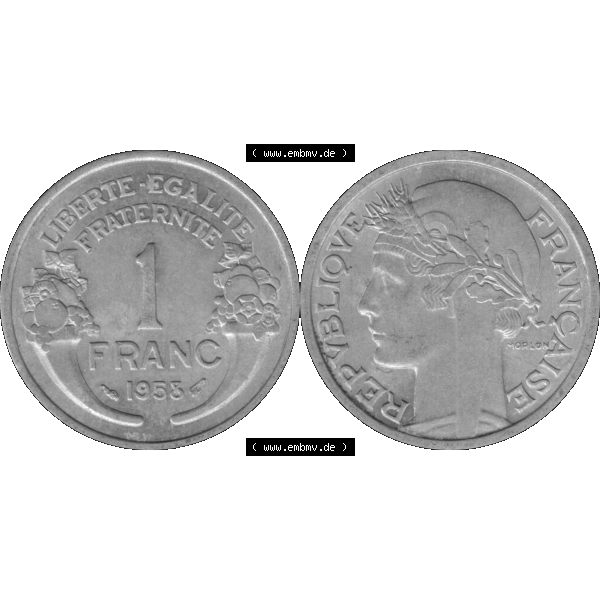 Grau bzw. s/w Münzen Frankreich Umlaufmünze in PNG einer Münze aus Frankreich 1941-1959, 1 Francs, Franken 1958-01. Vorderseite und Rückseite horizontal auf einen digitalen Bild... Sammlung Graustufen