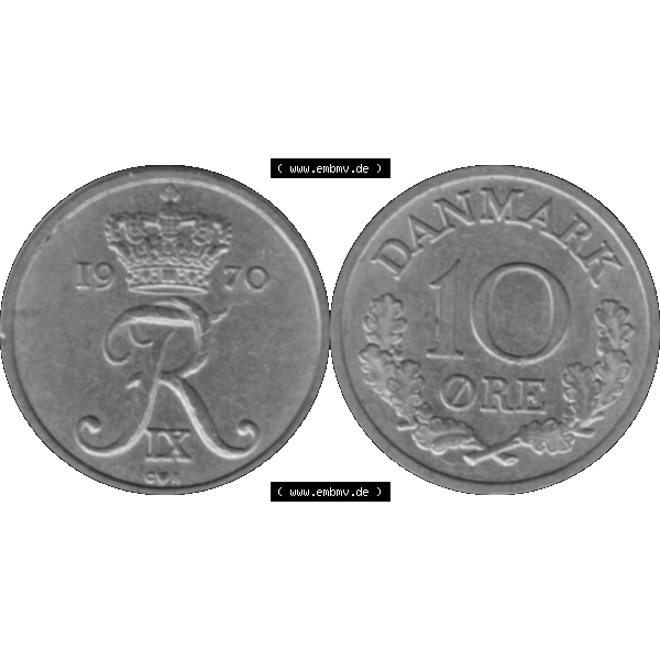 Grau bzw. s/w Alte Münze aus Dänemark als PNG-Grafik 1960-1972, 10 Öre 1970-02. Vorderseite und Rückseite horizontal auf einen digitalen Bild der alten dänischen Umlaufmünze... Sammlung Graustufen