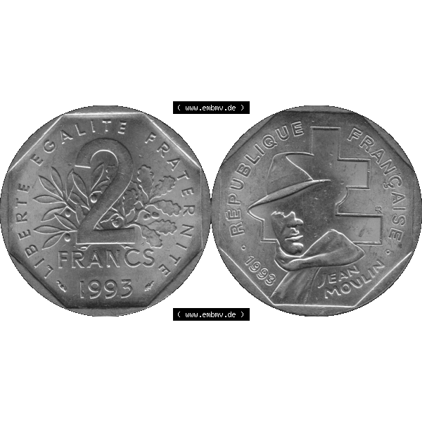Grau bzw. s/w Münzen Frankreich Umlaufmünze 1993-1993, 2 Francs Jean Moulin 1993-01. Vorderseite und Rückseite horizontal auf einen digitalen Bild der alten französischen Umlaufmünze... Sammlung Graustufen