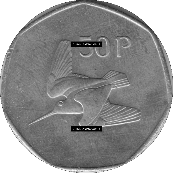 Grau bzw. s/w Bildmaterial einer Münze aus Irland als PNG-Grafik 1970-2000, 50 Pence 1978-01. Digitalisierte Münze aus Irland als transparente PNG-Grafik zum herunterladen. Rückseite... Sammlung Graustufen