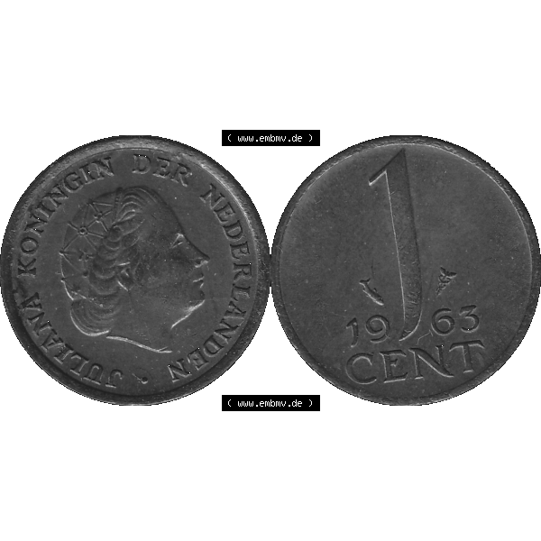 Grau bzw. s/w Alte Münze der Niederlande 1951-1975, in PNG digitalisiert 1950-1980, 1 Cent Königin Juliana 1963-01. Vorderseite und Rückseite horizontal auf einen digitalen Bild der... Sammlung Graustufen