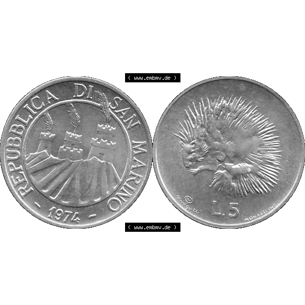 Grau bzw. s/w Bildmaterial Münzensatz / KMS 1974 aus San Marino in Graustufen 1974-1974, 5 Lire, L.5 MINGUZZI MONASSI INC. Graustufen. PNG Computer-Grafik in Graustufen einer... Sammlung Graustufen