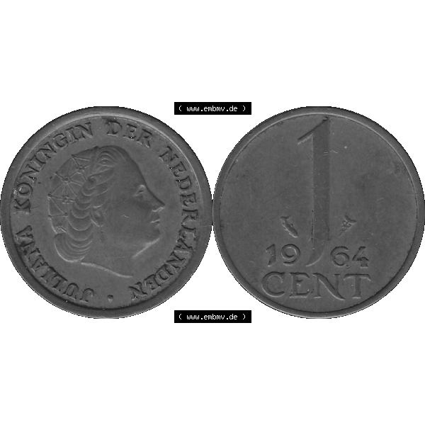 Grau bzw. s/w Alte Münze der Niederlande 1951-1975, in PNG digitalisiert 1950-1980, 1 Cent Königin Juliana 1964-01. Vorderseite und Rückseite horizontal auf einen digitalen Bild der... Sammlung Graustufen