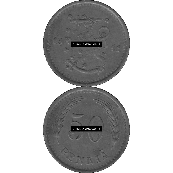 Grau bzw. s/w Alte Münzen KMS Finnland, Kursmünzensatz Finnland in transparenten digitalen PNG-Format 1940-1943, 50 Penny, Penniä, Kupfer 1941-1. Die digitalisierte Münze... Sammlung Graustufen