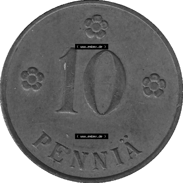 Grau bzw. s/w Alte Münzen KMS Finnland, Kursmünzensatz in PNG Design einer finnischen Münze 1919-1940, 10 Penny, Penniä 1931. Rückseite mit Wert-Zahl bzw. Nennwert... Sammlung Graustufen