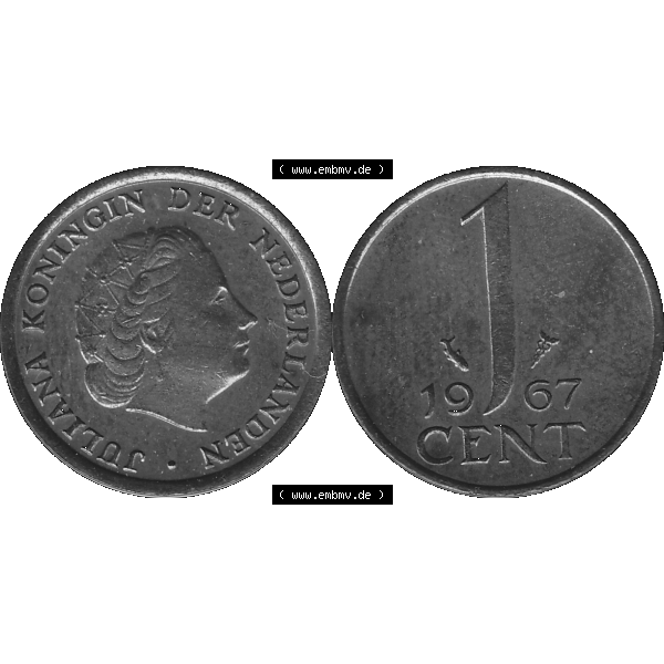 Grau bzw. s/w Alte Münze der Niederlande 1951-1975, in PNG digitalisiert 1950-1980, 1 Cent Königin Juliana 1967-01. Vorderseite und Rückseite horizontal auf einen digitalen Bild der... Sammlung Graustufen