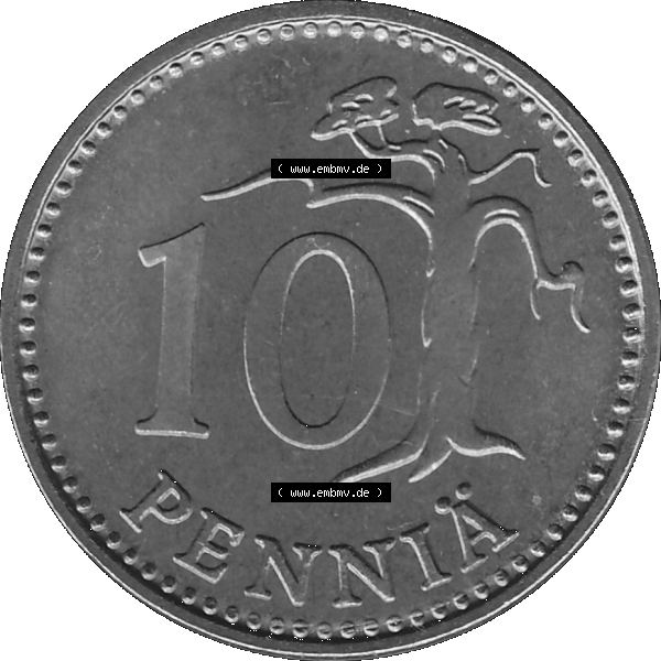 Grau bzw. s/w Alte Münzen KMS Finnland, Kursmünzensatz 1976 in Stempelglanz als digitales Computerbild in transparenten PNG 1963-1982, 10 Penny, Penniä 1976-1, SUOMEN TASAVALTA.... Sammlung Graustufen