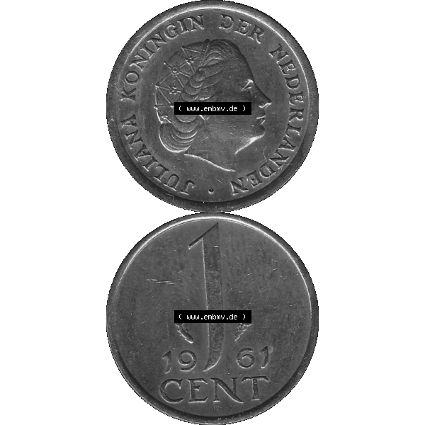 Grau bzw. s/w Alte Münze der Niederlande 1951-1975, in PNG digitalisiert 1950-1980, 1 Cent Königin Juliana 1961-02. Vorderseite und Rückseite vertikal auf einen digitalen Bild der alten... Sammlung Graustufen