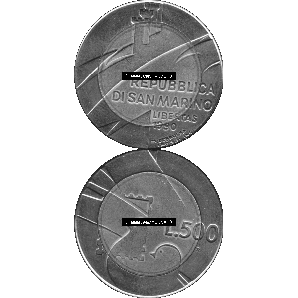 Grau bzw. s/w Gedenkmünzen aus San Marino, in PNG 1990-1990, 500 Lire 1600 Jahre San Marino 1990-01. Vorderseite und Rückseite vertikal auf einen digitalen Bild der alten Gedenkmünze... Sammlung Graustufen