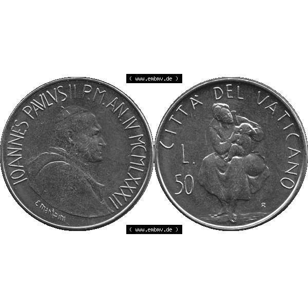Grau bzw. s/w Alte Münze aus der Vatikanstadt / Vatikan als PNG-Grafik Münze Vatikanstadt 1982-1982, 50 Lire 1982-01 E. MANFRINI IOANNES PAVLVS II P M. Vorderseite und Rückseite... Sammlung Graustufen