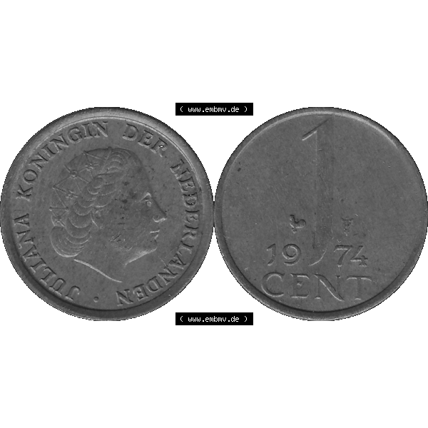 Grau bzw. s/w Alte Münze der Niederlande 1951-1975, in PNG digitalisiert 1950-1980, 1 Cent Königin Juliana 1974-01. Vorderseite und Rückseite horizontal auf einen digitalen Bild der... Sammlung Graustufen