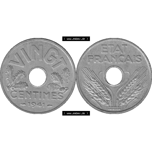 Grau bzw. s/w Münzen Frankreich Umlaufmünze in PNG einer Münze aus Frankreich 1941-1941, VINGT 20 Centimes, Cent-01. Vorderseite und Rückseite horizontal auf einen digitalen Bild... Sammlung Graustufen