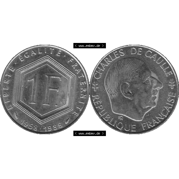 Grau bzw. s/w Münzen Frankreich Umlaufmünze 1988-1988, 1 Francs, Franken 1988-01. Vorderseite und Rückseite horizontal auf einen digitalen Bild der alten französischen Umlaufmünze... Sammlung Graustufen