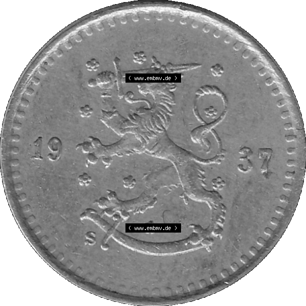 Grau bzw. s/w Alte Münzen KMS Finnland, Kursmünzensatz in PNG Design einer finnischen Münze 1921-1940, 25 Penny, Penniä 1937. Vorderseite einer Münze in transparenten... Sammlung Graustufen