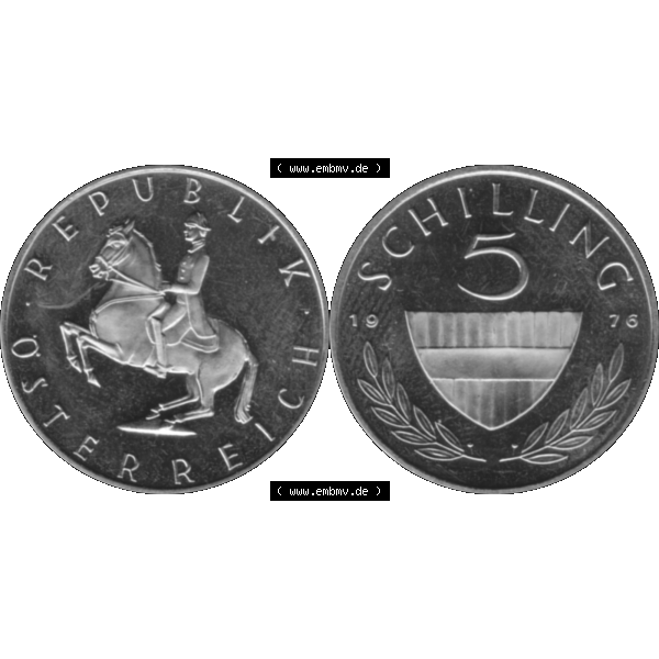Grau bzw. s/w Alte Münze aus Österreich, in PNG digitalisiert 1968-2001, 5 Schilling 1976-01. Vorderseite und Rückseite horizontal auf einen digitalen Bild der alten österreichischen... Sammlung Graustufen