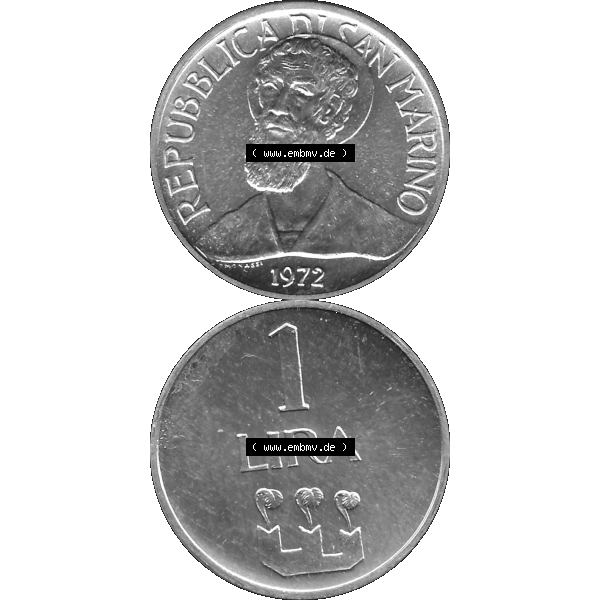 Grau bzw. s/w Bildmaterial in PNG-Grafiken Münzensatz / KMS 1972 aus San Marino 1972-1972, Münze 1 Lira, Lire 1972, 1 LIRA MONASSI REPUBBLICA DI SAN MARINO. Die digitalisierte... Sammlung Graustufen