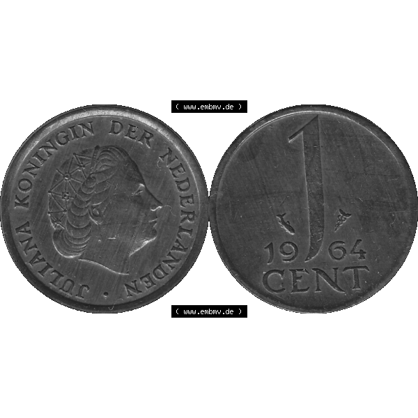 Grau bzw. s/w Alte Münze der Niederlande 1951-1975, in PNG digitalisiert 1950-1980, 1 Cent Königin Juliana 1964-02. Vorderseite und Rückseite horizontal auf einen digitalen Bild der... Sammlung Graustufen
