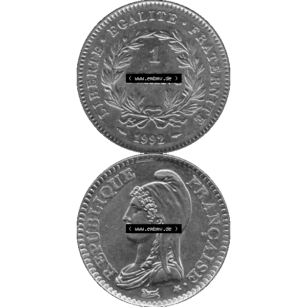 Grau bzw. s/w Münzen Frankreich Umlaufmünze 1992-1992, 1 Francs Liberty Freiheitsgöttin 1992-01. Vorderseite und Rückseite vertikal auf einen digitalen Bild der alten französischen... Sammlung Graustufen