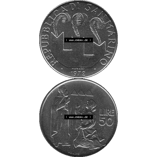 Grau bzw. s/w Bildmaterial in PNG-Grafiken Münzensatz / KMS 1972 aus San Marino 1972-1972, Münze 50 Lire, 1972, MONASSI REPUBBLICA DI SAN MARINO 50 LIRE. Die digitalisierte Münze... Sammlung Graustufen