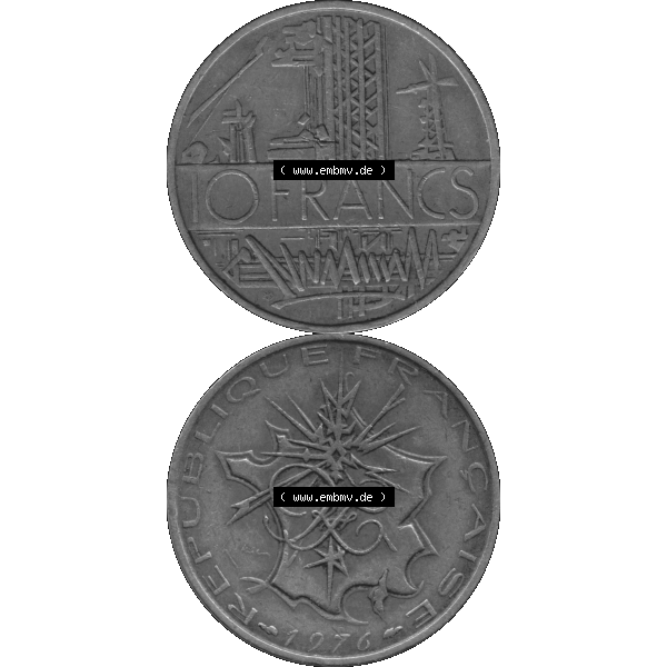 Grau bzw. s/w Münzen Frankreich Umlaufmünze 1974-1987, 10 Franken-Francs 1976-01. Vorderseite und Rückseite vertikal auf einen digitalen Bild der alten französischen Umlaufmünze... Sammlung Graustufen