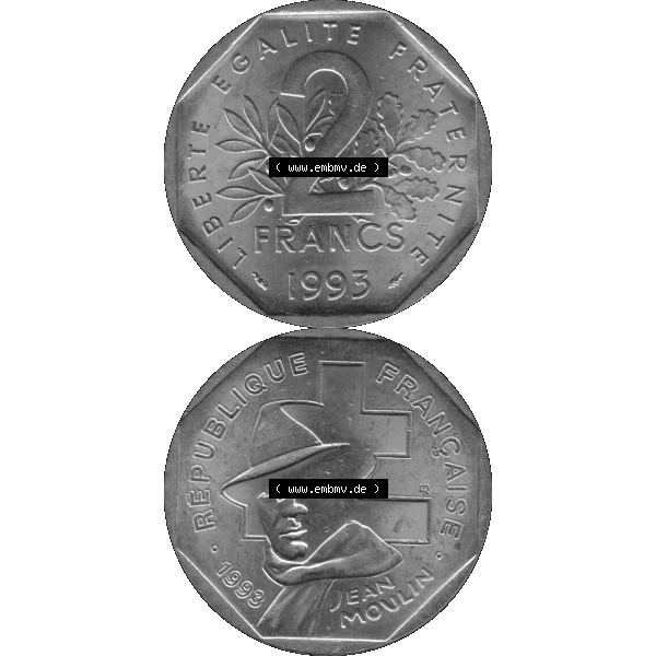 Grau bzw. s/w Münzen Frankreich Umlaufmünze 1993-1993, 2 Francs Jean Moulin 1993-01. Vorderseite und Rückseite vertikal auf einen digitalen Bild der alten französischen Umlaufmünze... Sammlung Graustufen