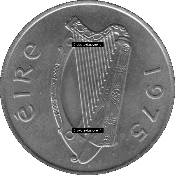 Grau bzw. s/w Bildmaterial einer Münze aus Irland als PNG-Grafik 1969-1986, 10 Pence 1975-01. Digitalisierte Münze aus Irland als transparente PNG-Grafik zum herunterladen. Vorderseite... Sammlung Graustufen
