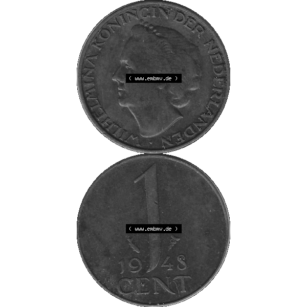 Grau bzw. s/w Alte Münze aus der Niederlande 1926-1950, in PNG digitalisiert 1948-1948, 1 Cent Königin Wilhelmina 1948-01. Vorderseite und Rückseite vertikal auf einen digitalen Bild... Sammlung Graustufen