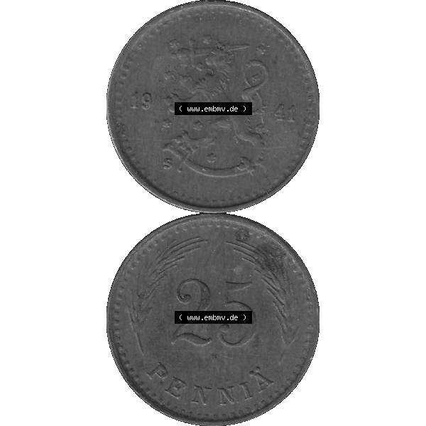 Grau bzw. s/w Alte Münzen KMS Finnland, Kursmünzensatz Finnland in transparenten digitalen PNG-Format 1940-1943, 25 Penny, Penniä Kupfer 1941-1. Die digitalisierte Münze... Sammlung Graustufen