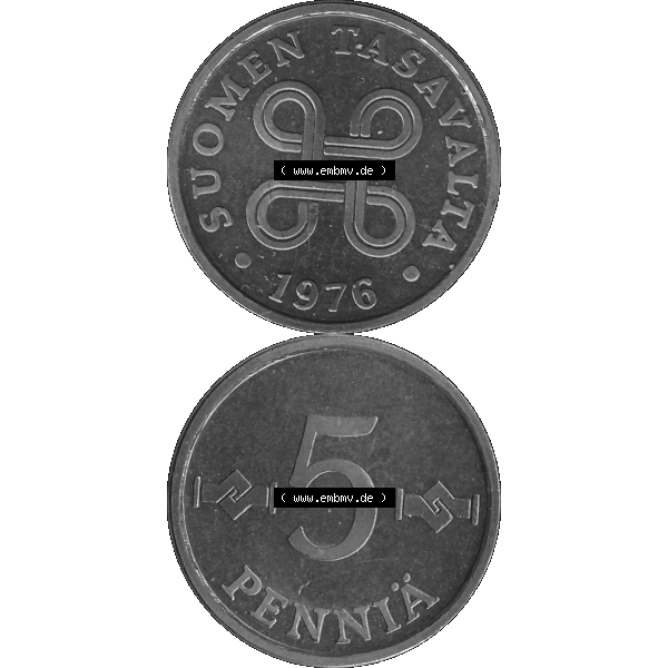 Grau bzw. s/w Alte Münzen KMS Finnland, Kursmünzensatz 1976 in Stempelglanz als digitales Computerbild in transparenten PNG 1963-1977, 5 Penny Penniä 1976-1, SUOMEN TASAVALTA.... Sammlung Graustufen
