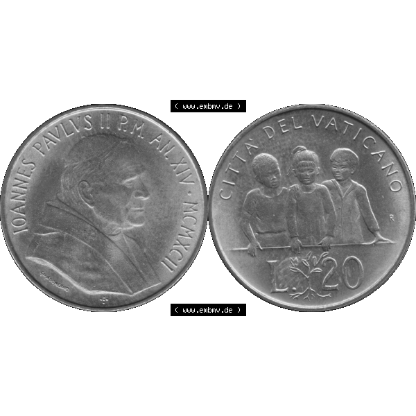 Grau bzw. s/w Alte Münze aus der Vatikanstadt / Vatikan als PNG-Grafik 1992-1992, 20 Lire Papst Giovanni Paolo II. 1992-01. Vorderseite und Rückseite horizontal auf einen digitalen... Sammlung Graustufen