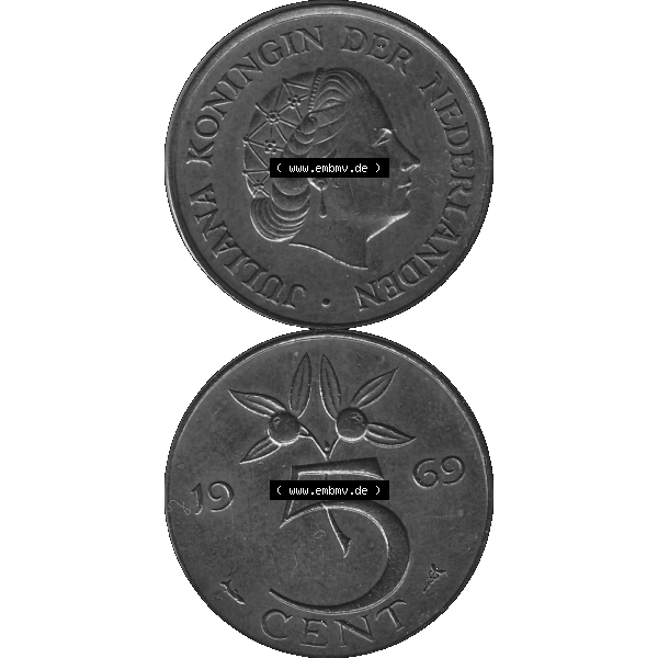 Grau bzw. s/w Alte Münze der Niederlande 1951-1975, in PNG digitalisiert 1950-1980, 5 Cent Königin Juliana 1969-01. Vorderseite und Rückseite vertikal auf einen digitalen Bild der alten... Sammlung Graustufen