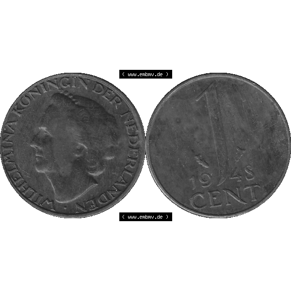 Grau bzw. s/w Alte Münze aus der Niederlande 1926-1950, in PNG digitalisiert 1948-1948, 1 Cent Königin Wilhelmina 1948-03. Vorderseite und Rückseite horizontal auf einen digitalen Bild... Sammlung Graustufen