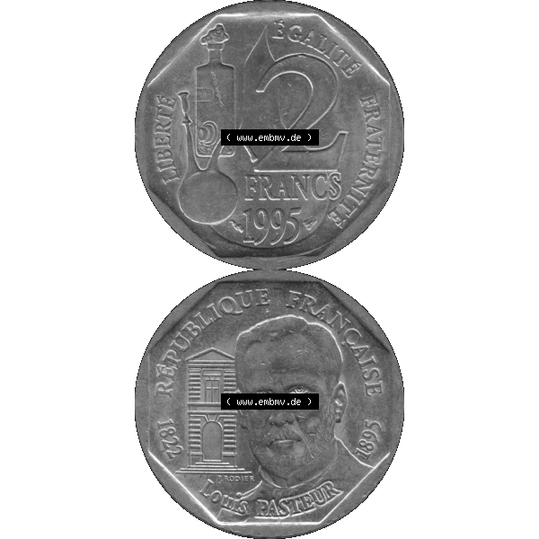 Grau bzw. s/w Münzen Frankreich Umlaufmünze 1995-1995, 2 France Louis Rasteur 1995-01. Vorderseite und Rückseite vertikal auf einen digitalen Bild der alten französischen Umlaufmünze... Sammlung Graustufen