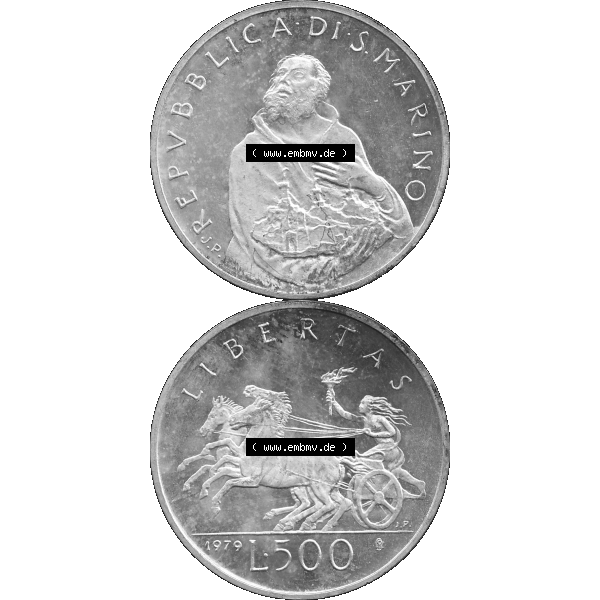 Grau bzw. s/w Bildmaterial Münzensatz / KMS 1979 aus San Marino im PNG-Format 1979-1979, 500 Lire, Silbermünze J.P. REPVBBLICA DI SAN MARINO, 1979 J.P. L.500... Sammlung Graustufen